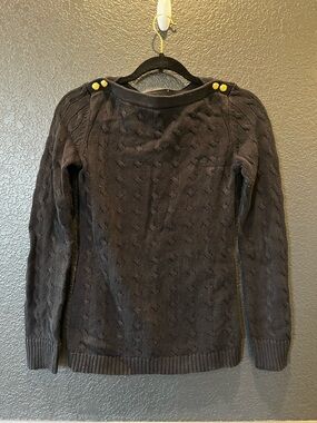 Ralph Lauren Black Off-the-Shoulder Cable-Knit Sweater with Gold Buttons